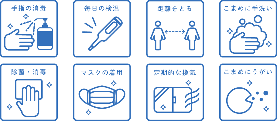 手指の消毒／毎日の検温／距離をとる／こまめに手洗い／除菌・消毒／マスクの着用／定期的な換気／こまめにうがい